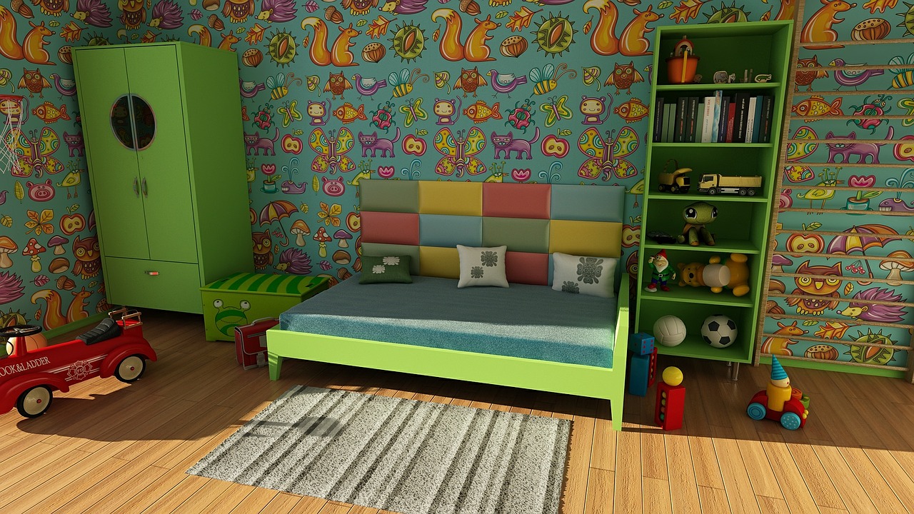 Zelená detská izba s posteľou 