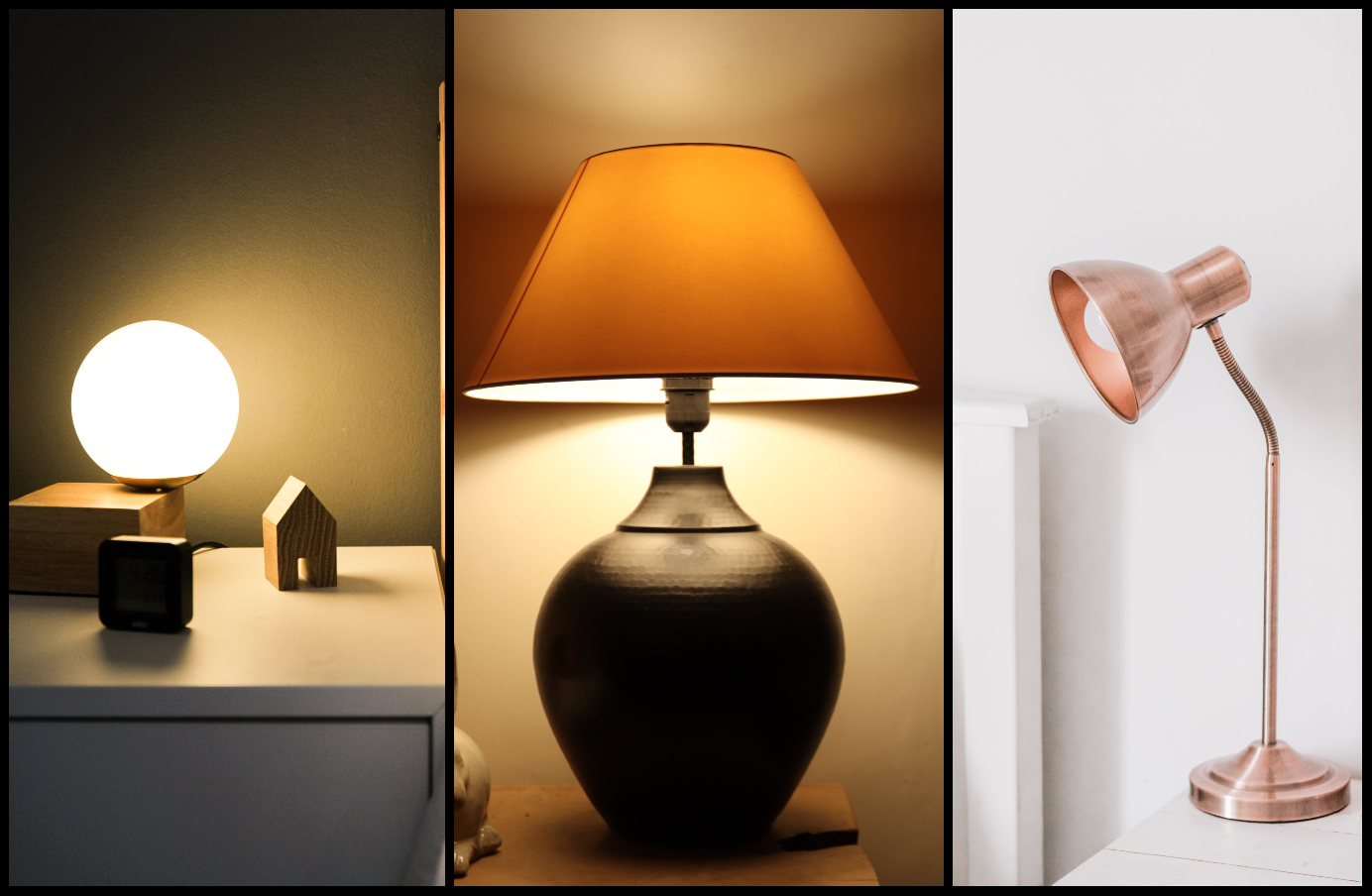Koláž obrázkov - tri stolové lampy, jedna ako guľa, druhá s tienidlom, tretia vhodná na čítanie